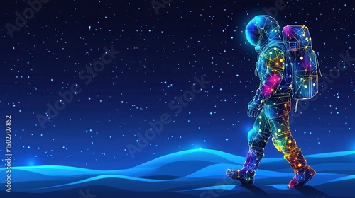 Astronaut walking on a colorful alien landscape outer space digital art night sky futuristic concept