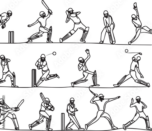 Cricket One Line Drawing Set – Minimalist Continuous Line Art of Cricket Actions