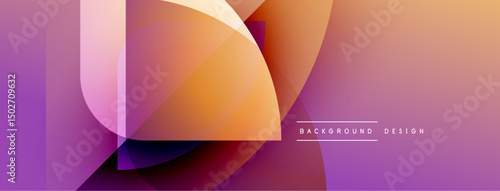 Abstract composition features overlapping shapes, gradients. Purple, orange hues dominate design. Modern aesthetic, clean lines present.