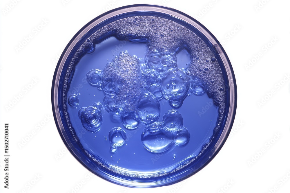 A petri dish containing a cosmetic or medical liquid is isolated on a white background and viewed from the top, representing a science cosmetic laboratory concept A petri dish containing a cosmetic or medical liquid is isolated on a white background and viewed from the top, representing a science cosmetic laboratory concept