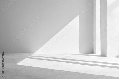 Sunlight casts sharp shadows on a white platform in a minimalist interior