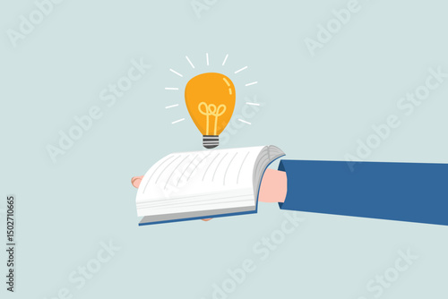 Reading a book to get inspiration, find solutions or literature, wisdom concepts, Businessman's hand holding an open book to find a light bulb idea.