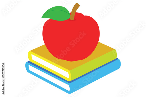 Red apple character on pile of books, apple cartoon, apple vector, silhouette, vector art, illustration