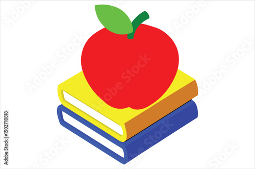 Red apple character on pile of books, apple cartoon, apple vector, silhouette, vector art, illustration