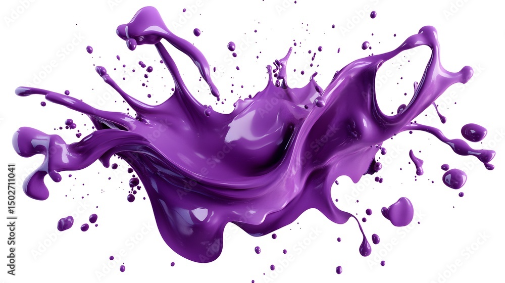 Fototapeta premium 3D render of a vibrant purple fluid splash with scattered droplets against a white background.