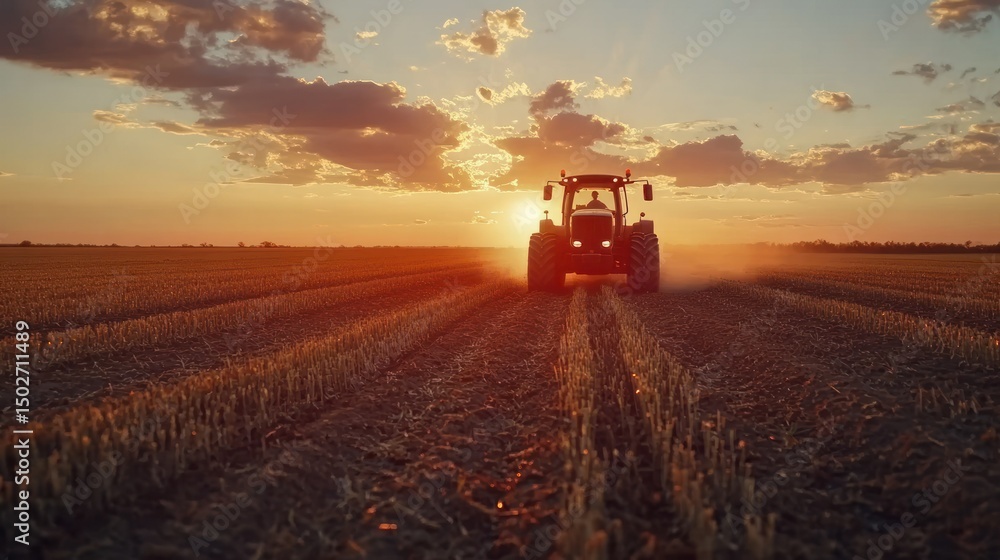 Fototapeta premium Tractor plowing field at sunset