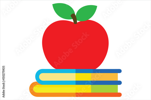 Red apple character on pile of books, apple cartoon, apple vector, silhouette, vector art, illustration