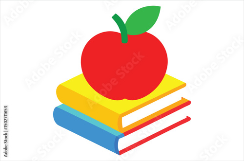 Red apple character on pile of books, apple cartoon, apple vector, silhouette, vector art, illustration