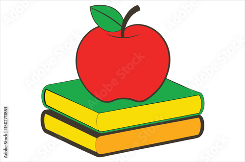 Red apple character on pile of books, apple cartoon, apple vector, silhouette, vector art, illustration
