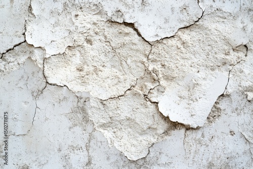 A close-up view of a cracked, weathered white wall