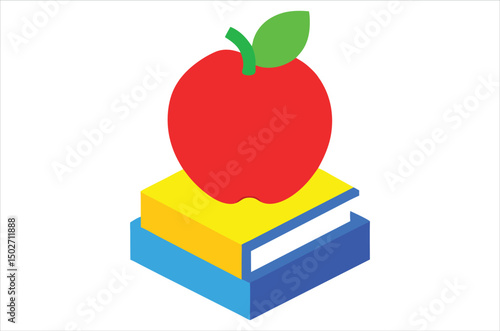 Red apple character on pile of books, apple cartoon, apple vector, silhouette, vector art, illustration