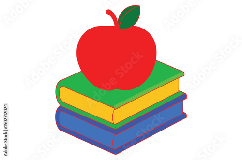 Red apple character on pile of books, apple cartoon, apple vector, silhouette, vector art, illustration