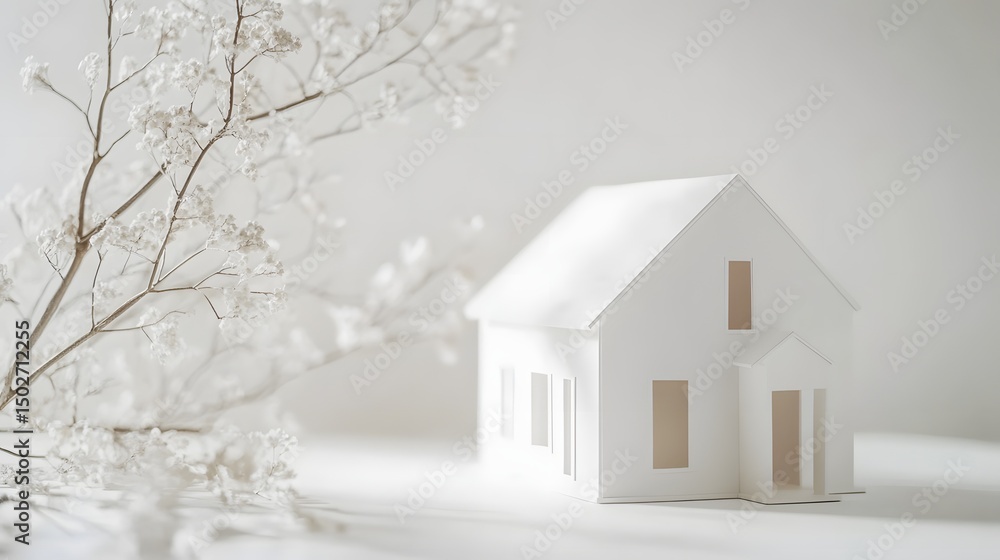 Fototapeta premium Photograph of white paper model house sits against a blurred, snowy background with bare branches.