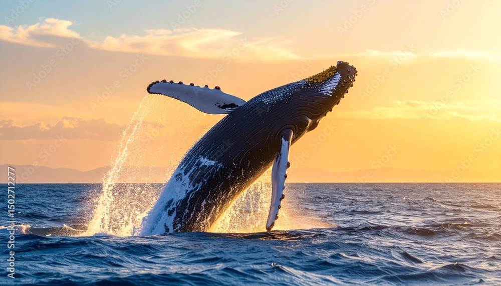 Obraz premium Dramatic photo of a humpback whale leaping from the ocean at sunset, showcasing the beauty and power of marine life.