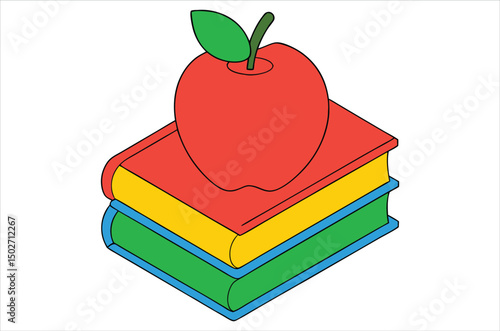 Red apple character on pile of books, apple cartoon, apple vector, silhouette, vector art, illustration