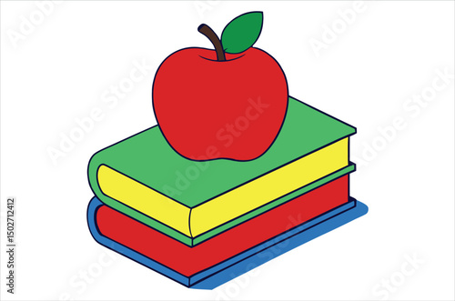 Red apple character on pile of books, apple cartoon, apple vector, silhouette, vector art, illustration