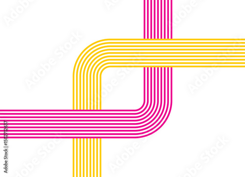 Abstract geometric illustration with colored parallel lines curved at an angle of 90 degrees. Yellow and purple lines on a white background. Modern minimalist design element, for backgrounds,