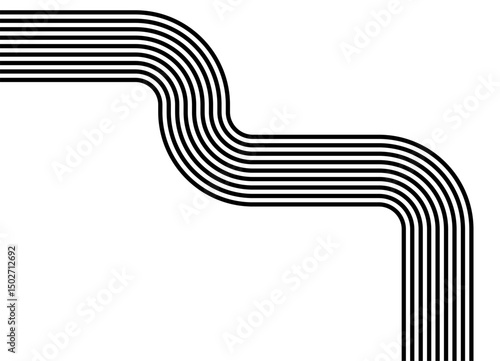 Abstract geometric pattern of black parallel lines curved at an angle of 90 degrees. on a white background. Modern minimalist design element, for backgrounds, presentations, posters or digital art.