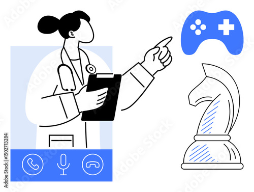 Doctor holding clipboard pointing upwards near knight chess piece and gaming controller. Ideal for healthcare, strategy, innovation, digital transformation, gaming, decision-making, technology. Flat