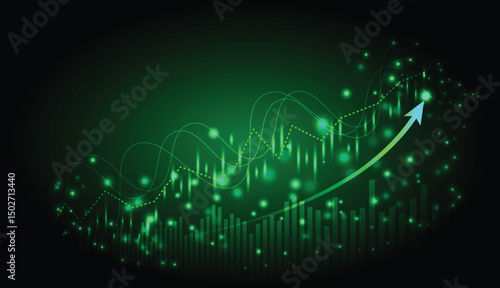 Abstract green candle stock market graph investment trading with arrow finance background. up trend of graph illustration vector design.