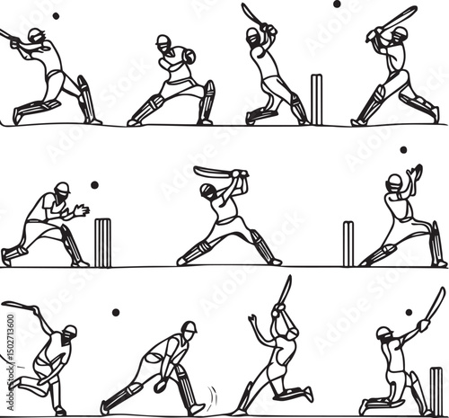 Cricket One Line Drawing Set – Minimalist Continuous Line Art of Cricket Actions