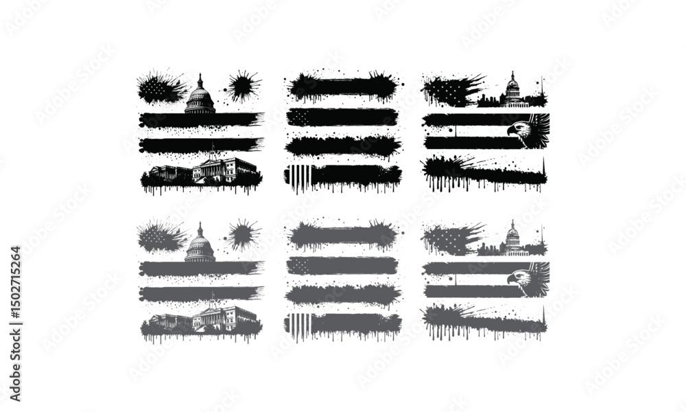 Obraz premium Paint brush strokes Discover a bold collection of grunge-style vector brush elements with ink strokes, splashes, and paint blots. Perfect for callouts, banners, and edgy compositions, all in high-cont