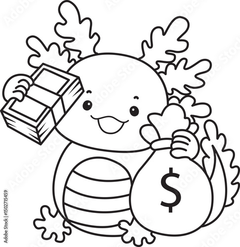 Outline of Illustration of cute axolotl activities icon.
Lineart of Funny pink axolotl in daily routine stickers.
