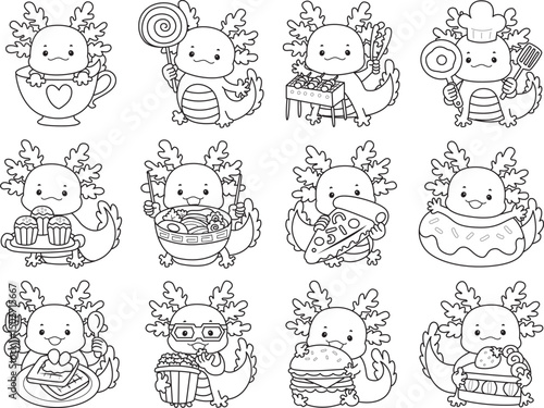 Outline of Illustration of cute axolotl activities icon.
Lineart of Funny pink axolotl in daily routine stickers.
