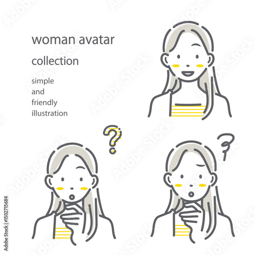 女性の表情セット　シンプルでお洒落な線画イラスト