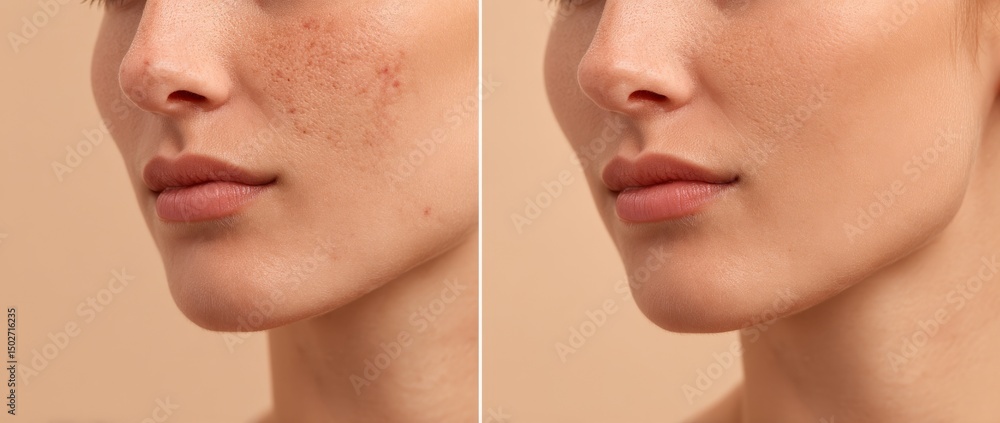 Obraz premium Image of a teenage girl with acne before and after treatment set against a beige backdrop