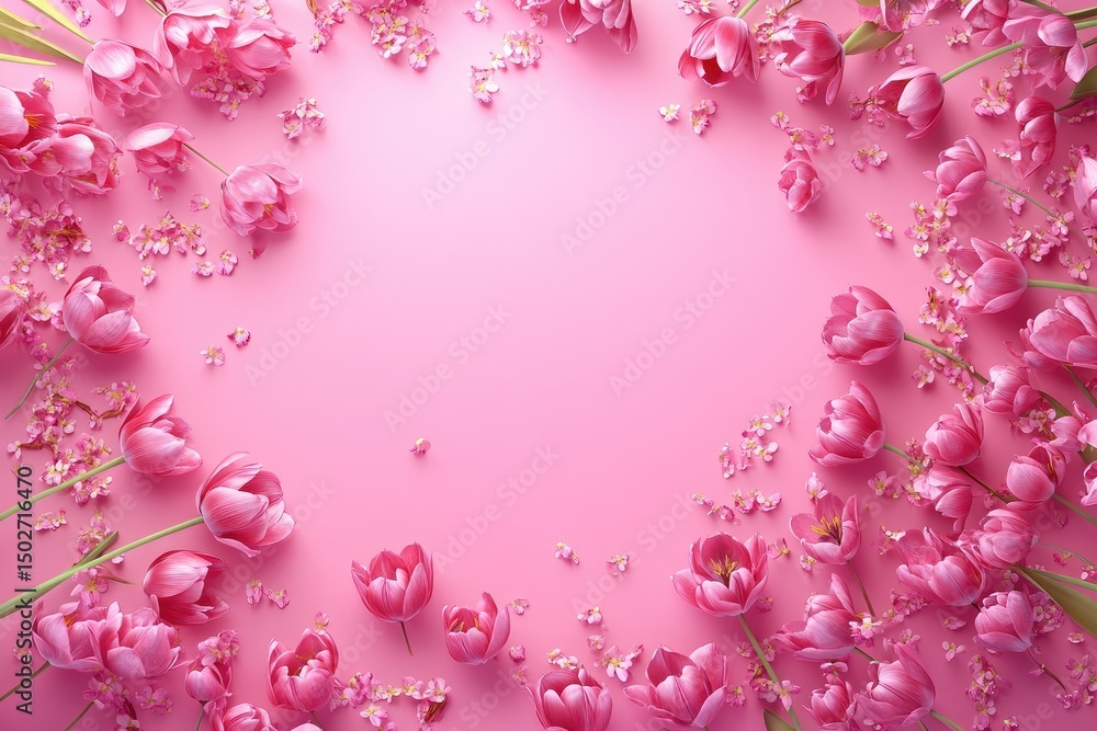 Pink tulips and blossoms frame a light pink background Pink tulips and blossoms frame a light pink background