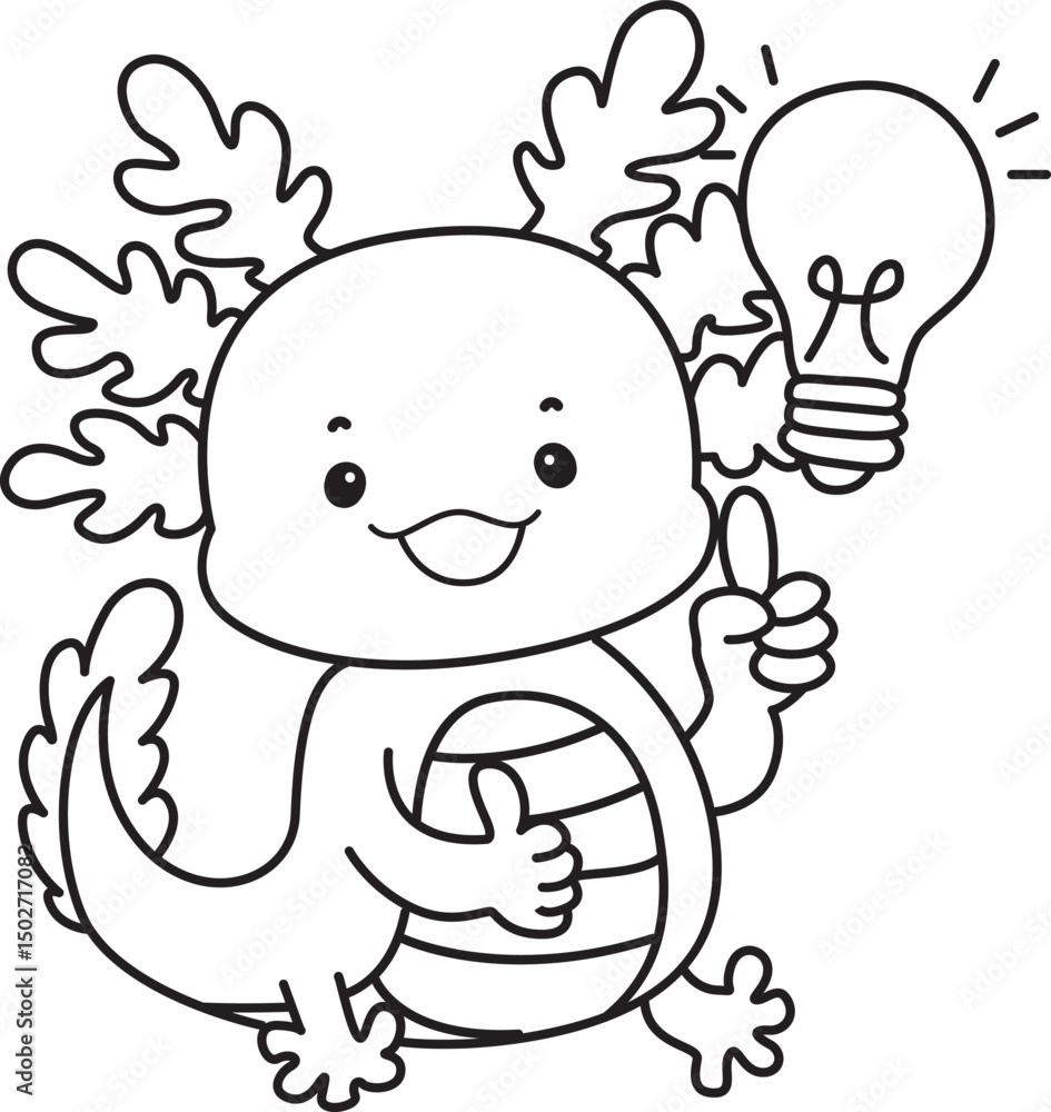 Obraz premium Outline of Illustration of cute axolotl activities icon. Lineart of Funny pink axolotl in daily routine stickers. 