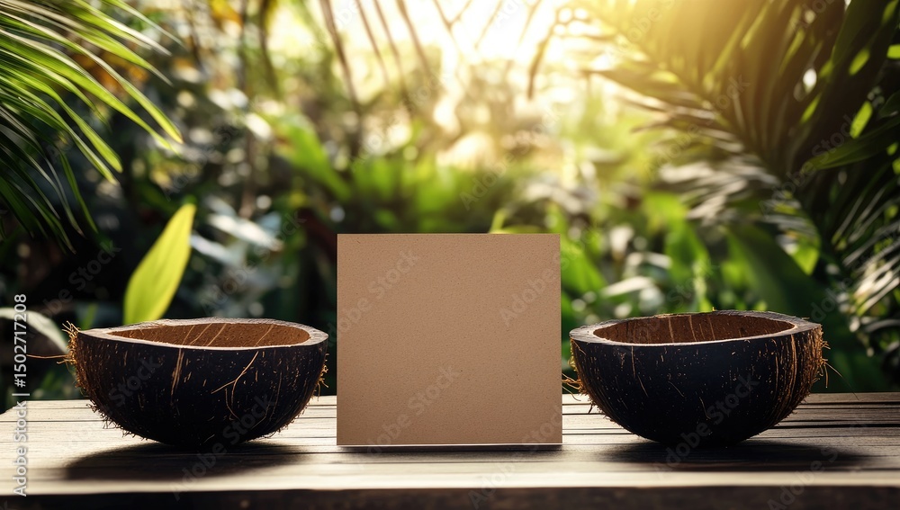 Fototapeta premium Blank card in a tropical setting. Two coconut shells on a wooden table