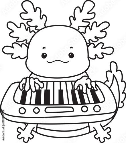 Outline of Illustration of cute axolotl activities icon.
Lineart of Funny pink axolotl in daily routine stickers.
