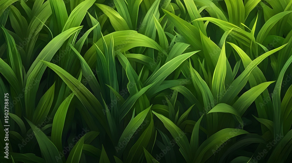 Fototapeta premium Digital illustration of dense, dark green blades of grass create a textured, shadowy background.
