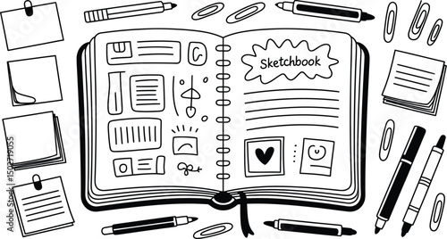 Open sketchbook with doodle elements in black and white style vector illustration