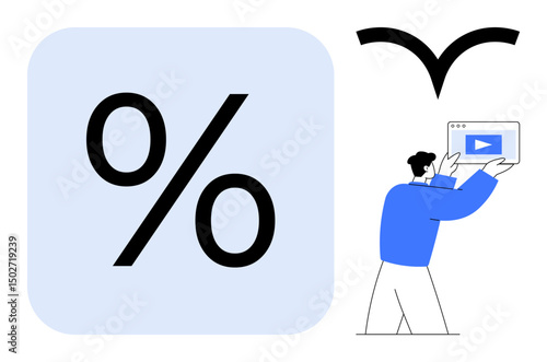 Percentage symbol on a blue square, minimal bird silhouette suggesting freedom, and person holding video player window. Ideal for finance, marketing, content creation, communication, statistics