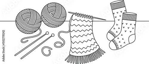 Simple knitting illustration with yarn balls needles and knitted socks