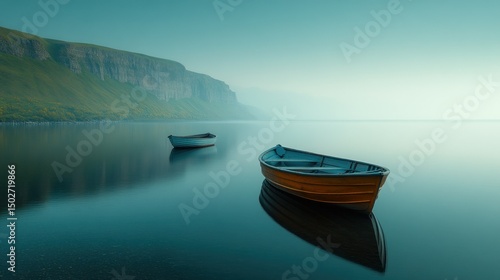Tranquil lake scene with two wooden boats