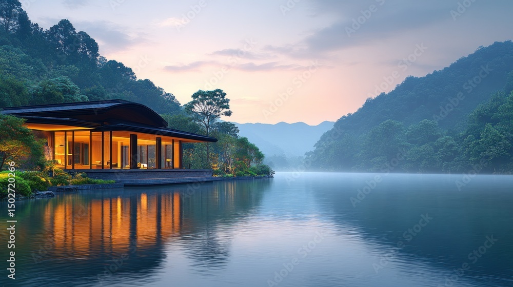 Fototapeta premium Tranquil lakeside lodge at dawn