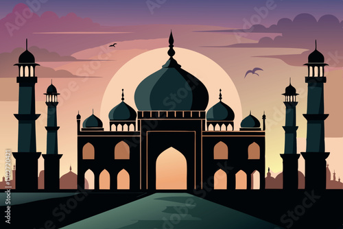 mosque at dusk with a silhouette against a colorful sky, capturing the beauty and grandeur of Islamic architecture