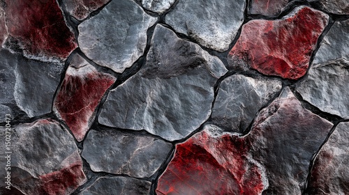 Digital illustration of rough, fragmented stone wall with contrasting red and grey textures.
