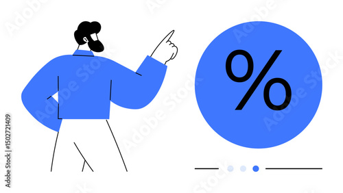 Man gesturing towards percentage icon, emphasizing financial growth or statistics concept. Ideal for finance, analytics, marketing, advertising, decision-making, presentation, simple landing page