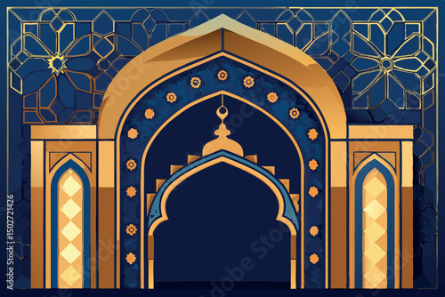 Opulent and richly detailed architectural design with intricate golden patterns and a majestic arch, perfect for luxurious invitations or decor