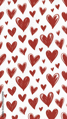The image features a seamless pattern of hand-drawn red hearts on a white background, with random, playful hearts scattered evenly across the canvas.