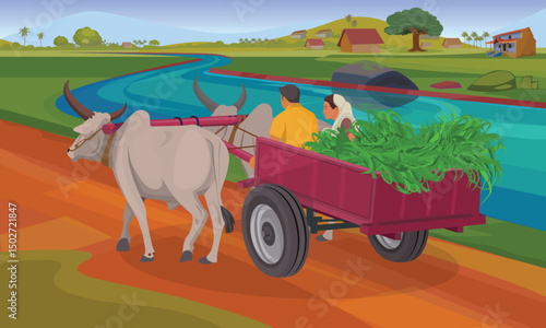 Bullock cart in an Indian village is a scene of rural life, traditional mode of transport and are commonly seen in rural areas of India,