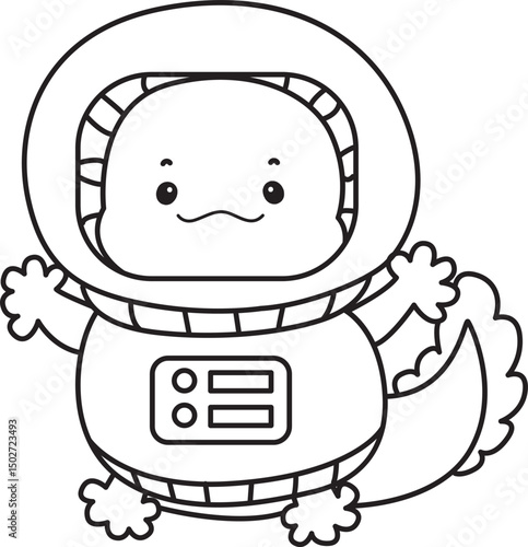 Outline of Illustration of cute axolotl activities icon.
Lineart of Funny pink axolotl in daily routine stickers.

