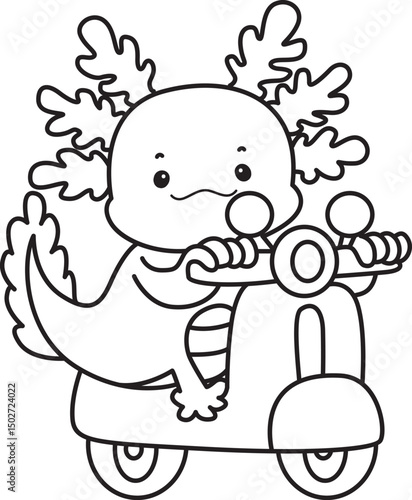 Outline of Illustration of cute axolotl activities icon.
Lineart of Funny pink axolotl in daily routine stickers.
