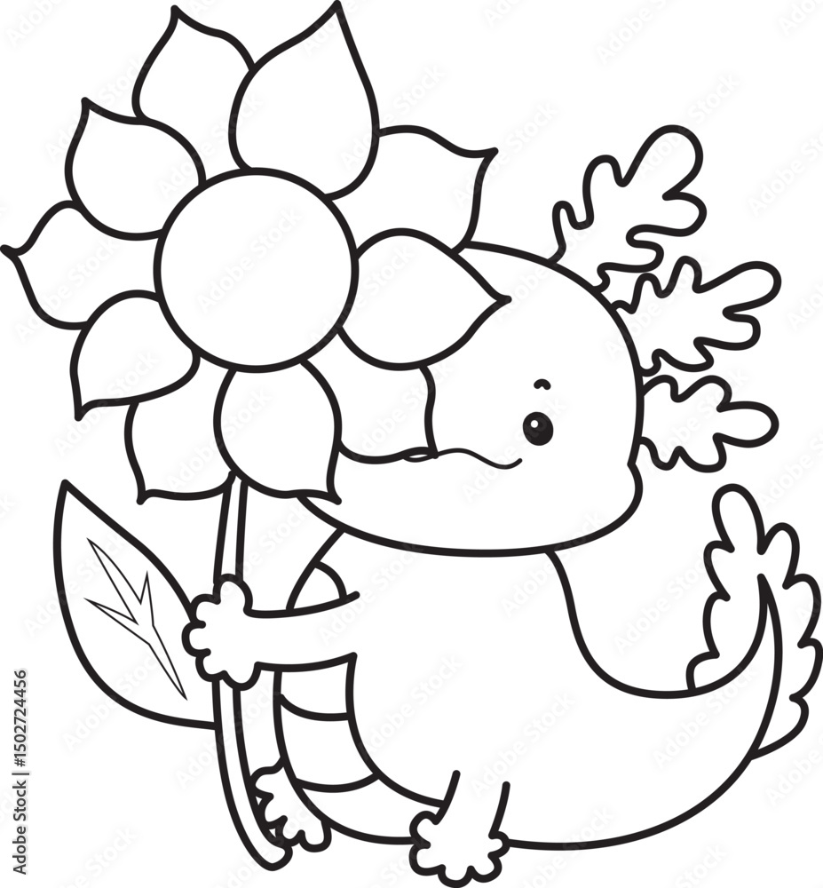 Obraz premium Outline of Illustration of cute axolotl activities icon. Lineart of Funny pink axolotl in daily routine stickers. 