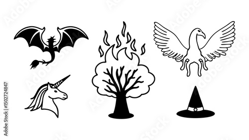 Outlined fantasy creatures and objects including dragon unicorn griffin tree and witch hat design created with generated ai